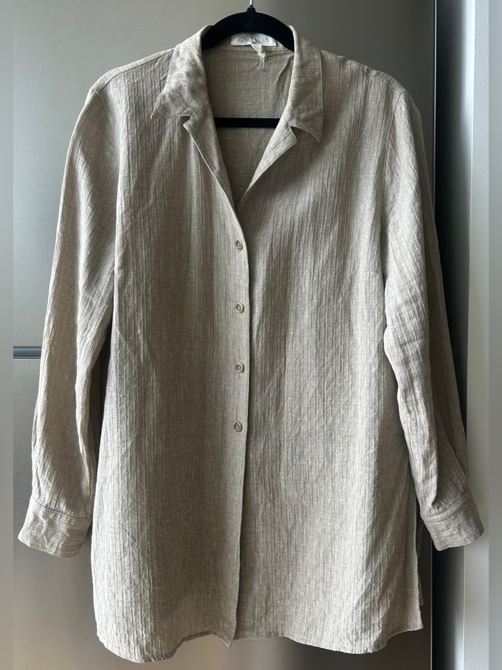 Escada Linen Wool Blend Textured Button Up Blouse Neutral Taupe Size 44